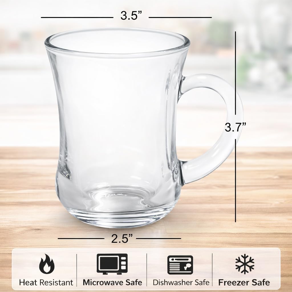 B Unique Glass Tea Cups – Set of 6 (5 oz / 150 ml) Turkish Tea Glasses with Handle, Heat-Resistant, Lead-Free, Dishwasher & Microwave Safe