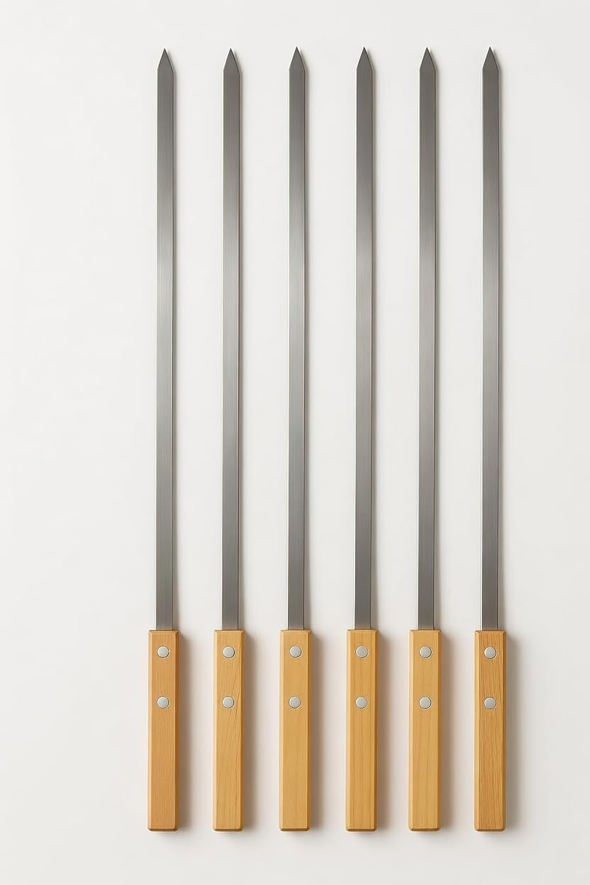 B Unique 23" x 0.5" mm Barbecue Stainless Steel Chicken Skewers Set with Wooden Handle | BBQ Kabob Skewers for Grill, Kebab & Fruit Stick | Great for Grilling, Camping, and BBQ Parties. Set of 6