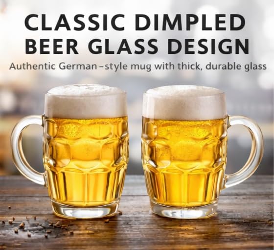 B Unique Dimpled Pint Beer Glass – 19 oz (560 ml) Lead-Free Large Beer Mug, Thick Glass with Handle, Classic German-Style Design, Set of 2