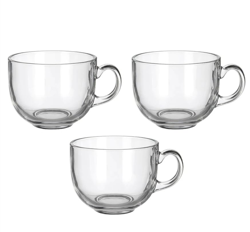 B Unique 470ml (16 oz) Lead-Free Clear Latte Cups with Handle, Set of 3, Dishwasher Safe Coffee & Tea Mugs