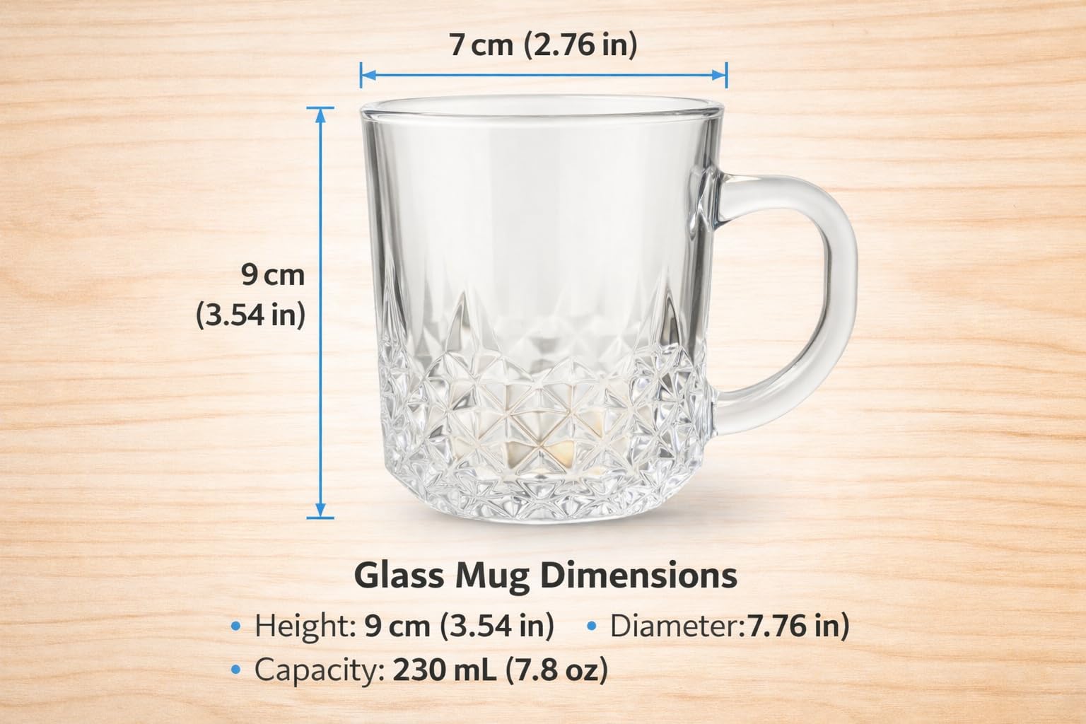 B Unique Clear Glass Mugs Set of 6, 7.5 oz Lead-Free Crystal Cut Drinking Glasses with Handle, Dishwasher Safe Everyday Glassware