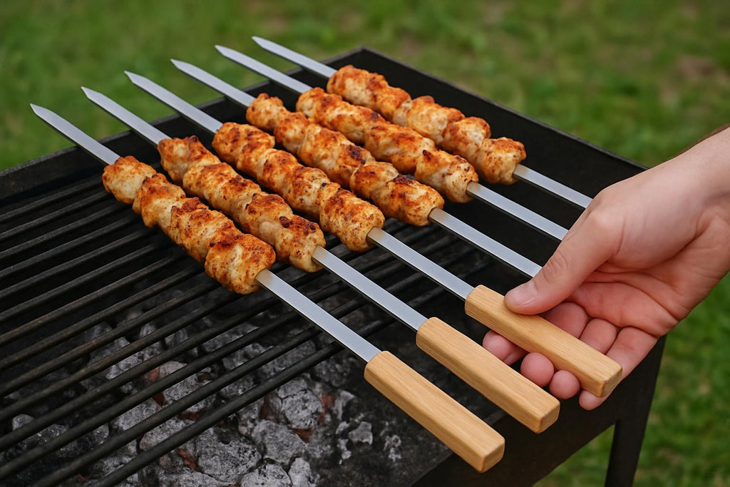 B Unique 23" x 0.5" mm Barbecue Stainless Steel Chicken Skewers Set with Wooden Handle | BBQ Kabob Skewers for Grill, Kebab & Fruit Stick | Great for Grilling, Camping, and BBQ Parties. Set of 6