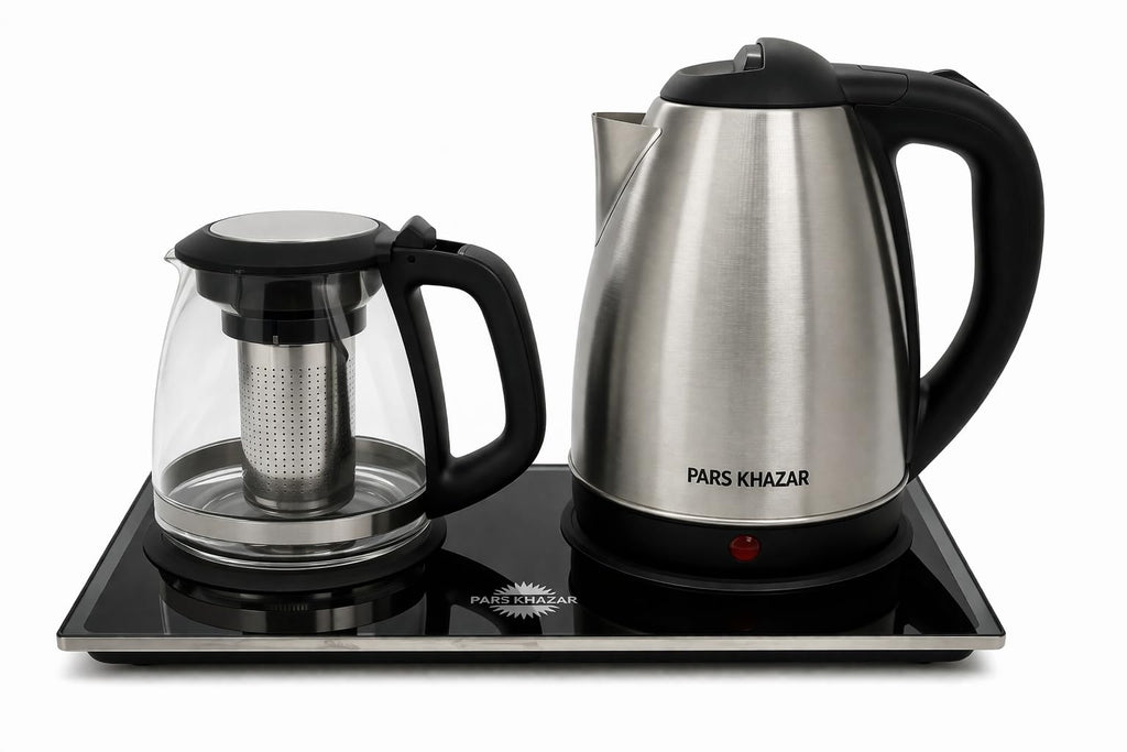 B Unique Pars Khazar Electric Tea Maker Set, 1.7L Stainless Steel Kettle and 1.5L Glass Teapot, Samovar Style Tea Maker with Keep Warm Tray, Removable Infuser, Cordless Base