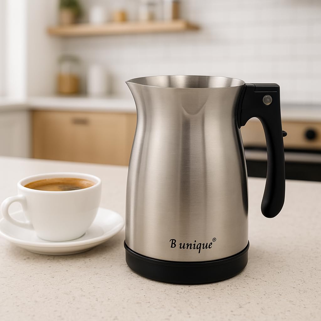 B Unique Electric Coffee Maker 300ml Stainless Steel Turkish Coffee Pot, Milk Heater, Rapid Heating, Boil-Dry Protection, Foldable Handle
