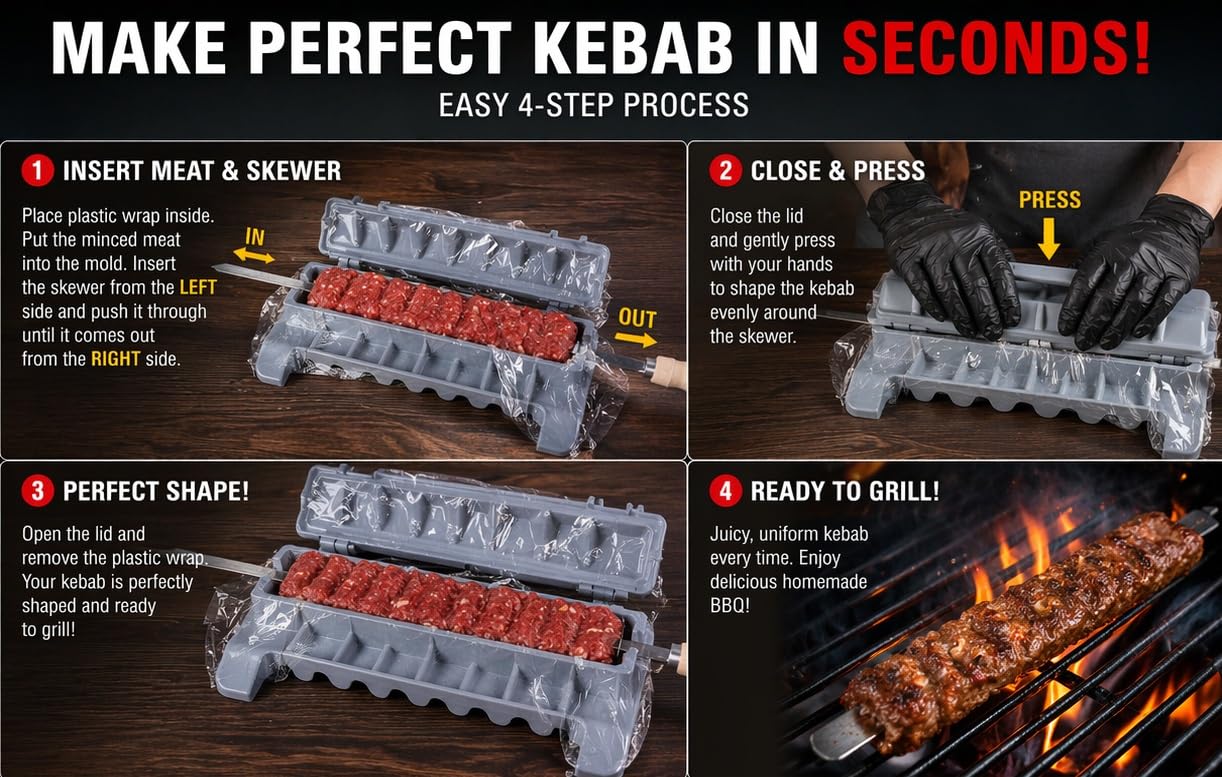 Kebab Maker Press for Skewers, BBQ Koobideh Maker Tool, Easy Kabob Shaper, Uniform Meat Skewer Mold, Kitchen BBQ Tool
