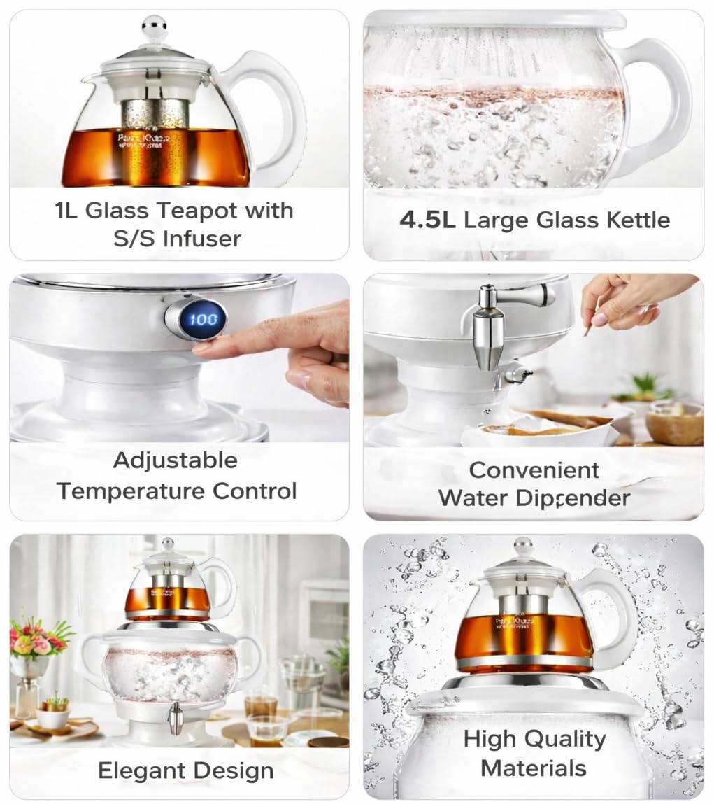 B Unique Pars Khazar Electric Samovar 4.5L with 1L Glass Teapot, Stainless Steel Infuser, Digital Temperature Display, LED Boil & Keep Warm Indicators, Borosilicate Hot Water Kettle