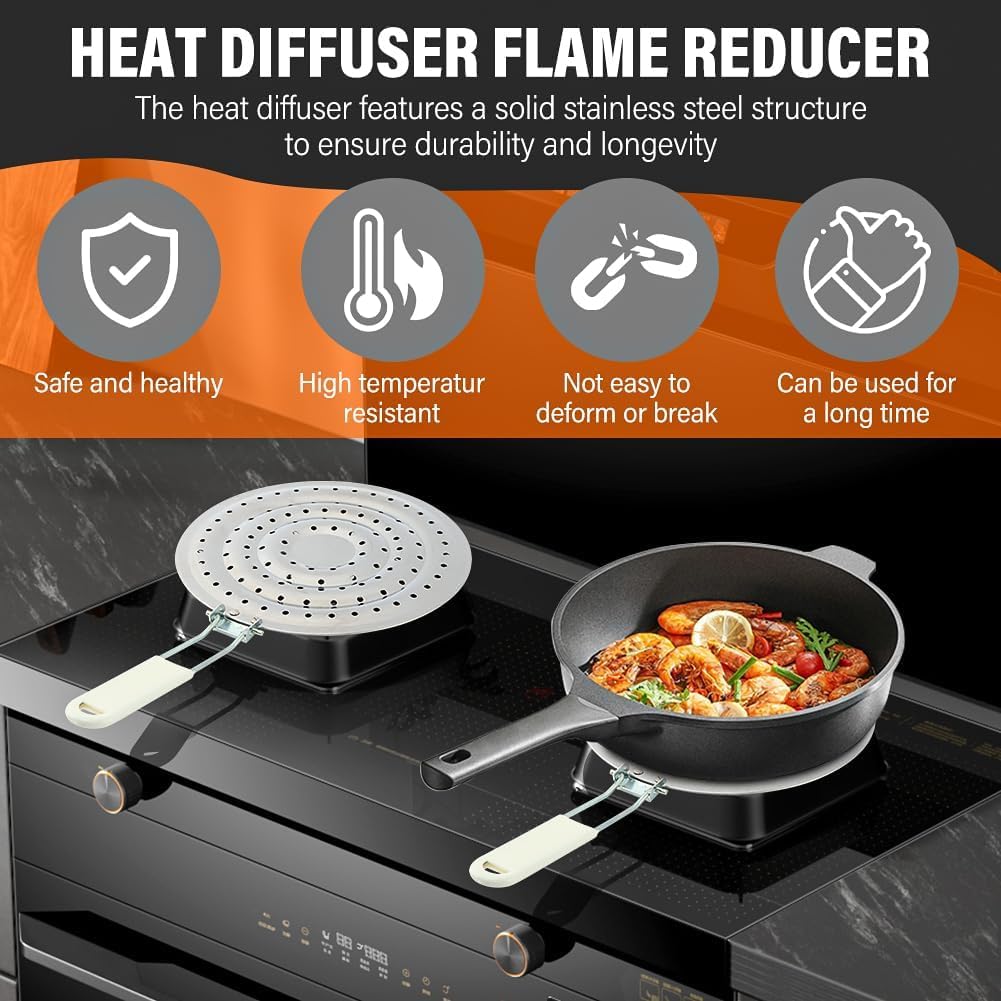 8-Inch Heavy-Duty Stainless Steel Heat Diffuser & Heat Distributor – Simmer Ring with Heat-Resistant Handle, Even Flame Distribution, Protects Cookware, Universal Fit for Pots, Pans, Coffee & Slow Cooking