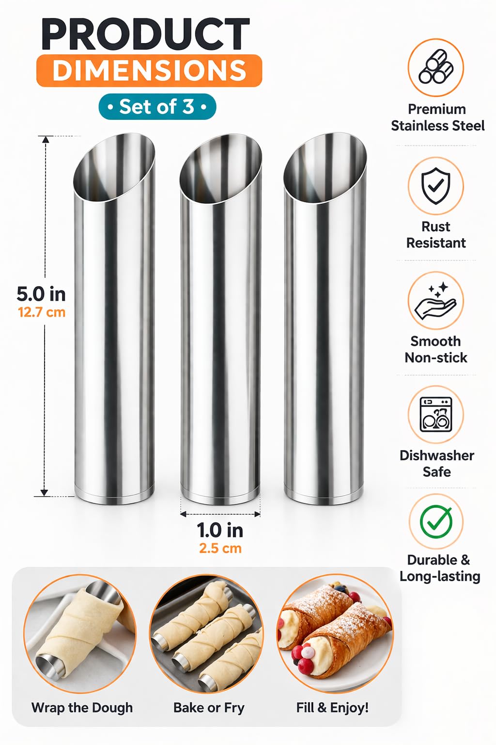 Cannoli Tubes Set of 3, Stainless Steel Cannoli Forms, Cream Horn Molds, Non-Stick Pastry Tubes for Baking Cannoli, Dessert, Puff Pastry & Appetizers
