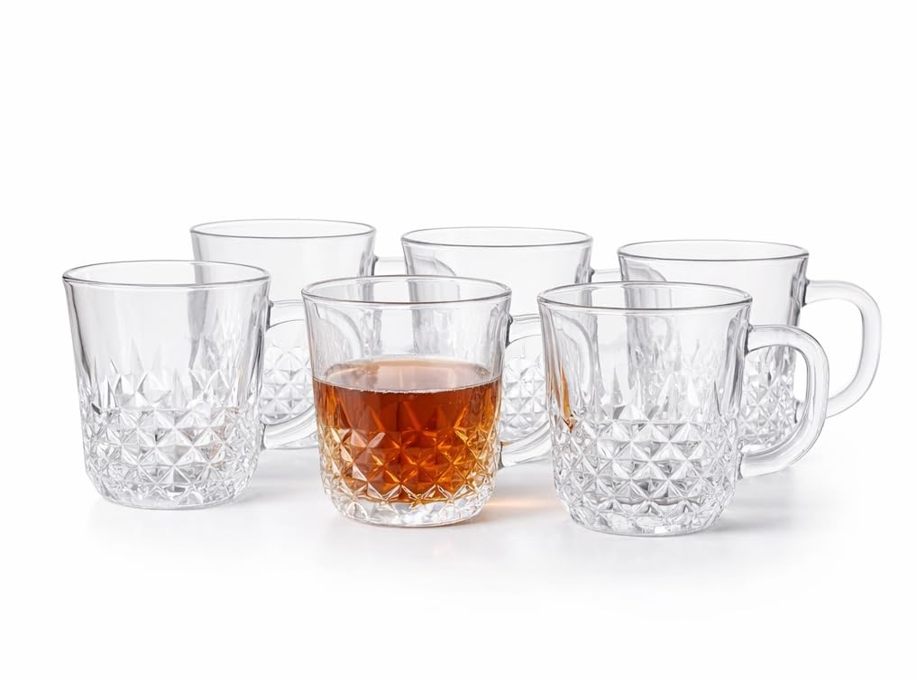 B Unique Clear Glass Mugs Set of 6, 7.5 oz Lead-Free Crystal Cut Drinking Glasses with Handle, Dishwasher Safe Everyday Glassware