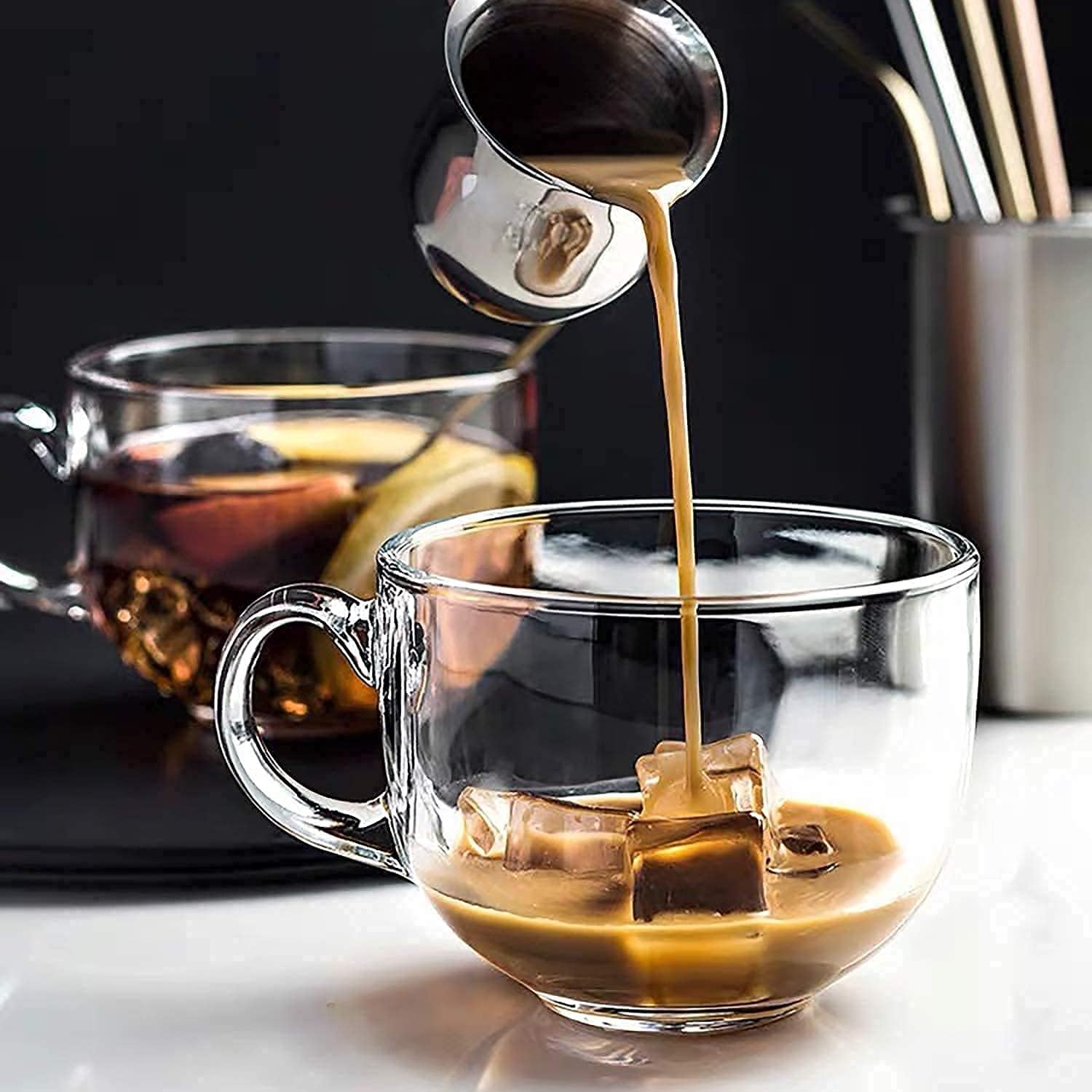 B Unique 470ml (16 oz) Lead-Free Clear Latte Cups with Handle, Set of 3, Dishwasher Safe Coffee & Tea Mugs