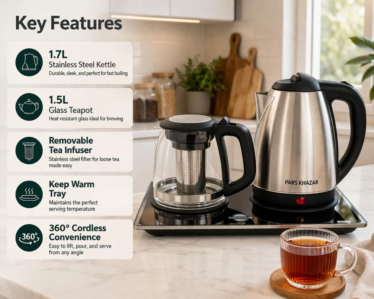 B Unique Pars Khazar Electric Tea Maker Set, 1.7L Stainless Steel Kettle and 1.5L Glass Teapot, Samovar Style Tea Maker with Keep Warm Tray, Removable Infuser, Cordless Base