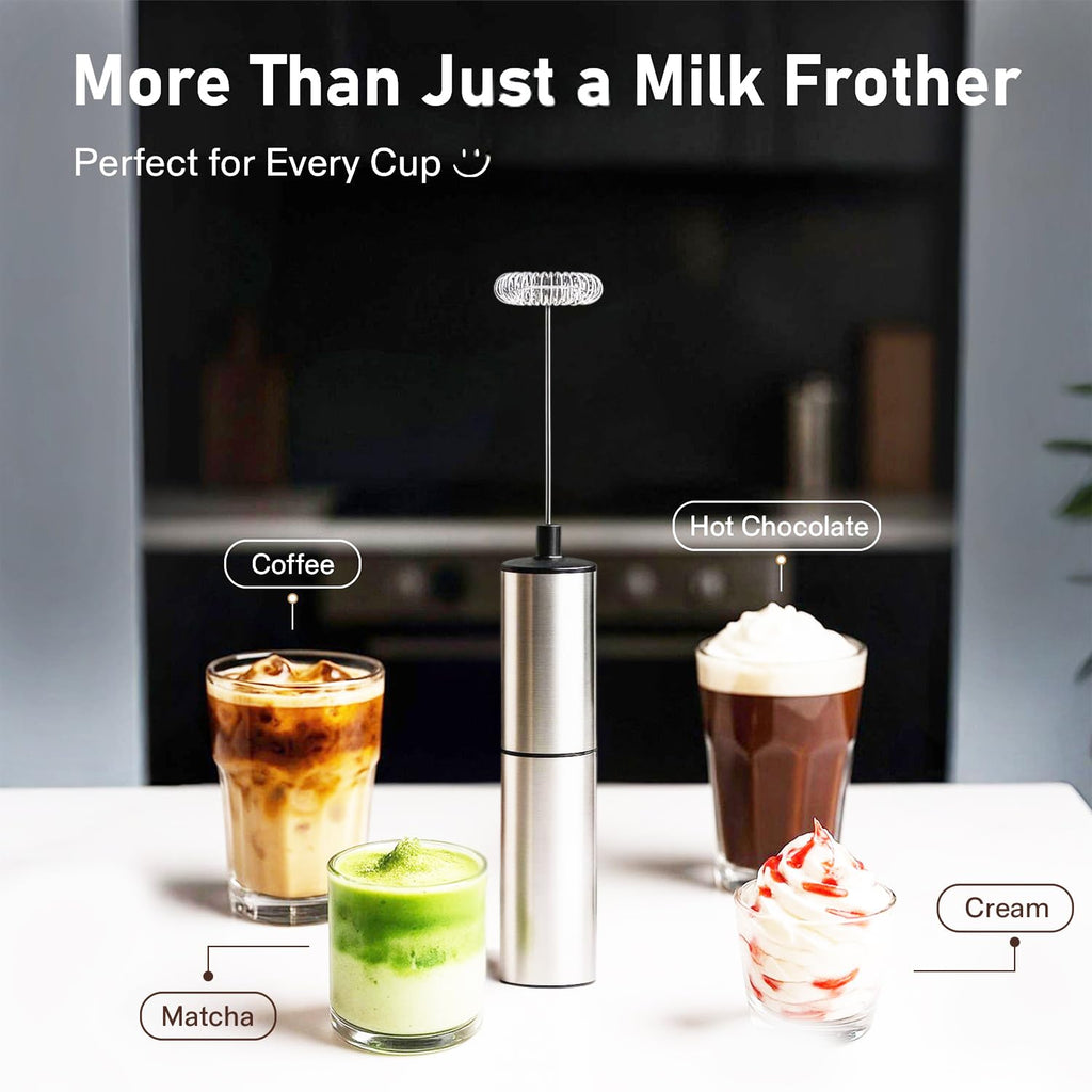 Premium Stainless Steel Electric Milk Frother | Battery Operated Foam Maker for Coffee, Latte, Matcha | Durable & Lightweight Handheld Frother for Creamy Foam | Ergonomic Design& Easy to Operate