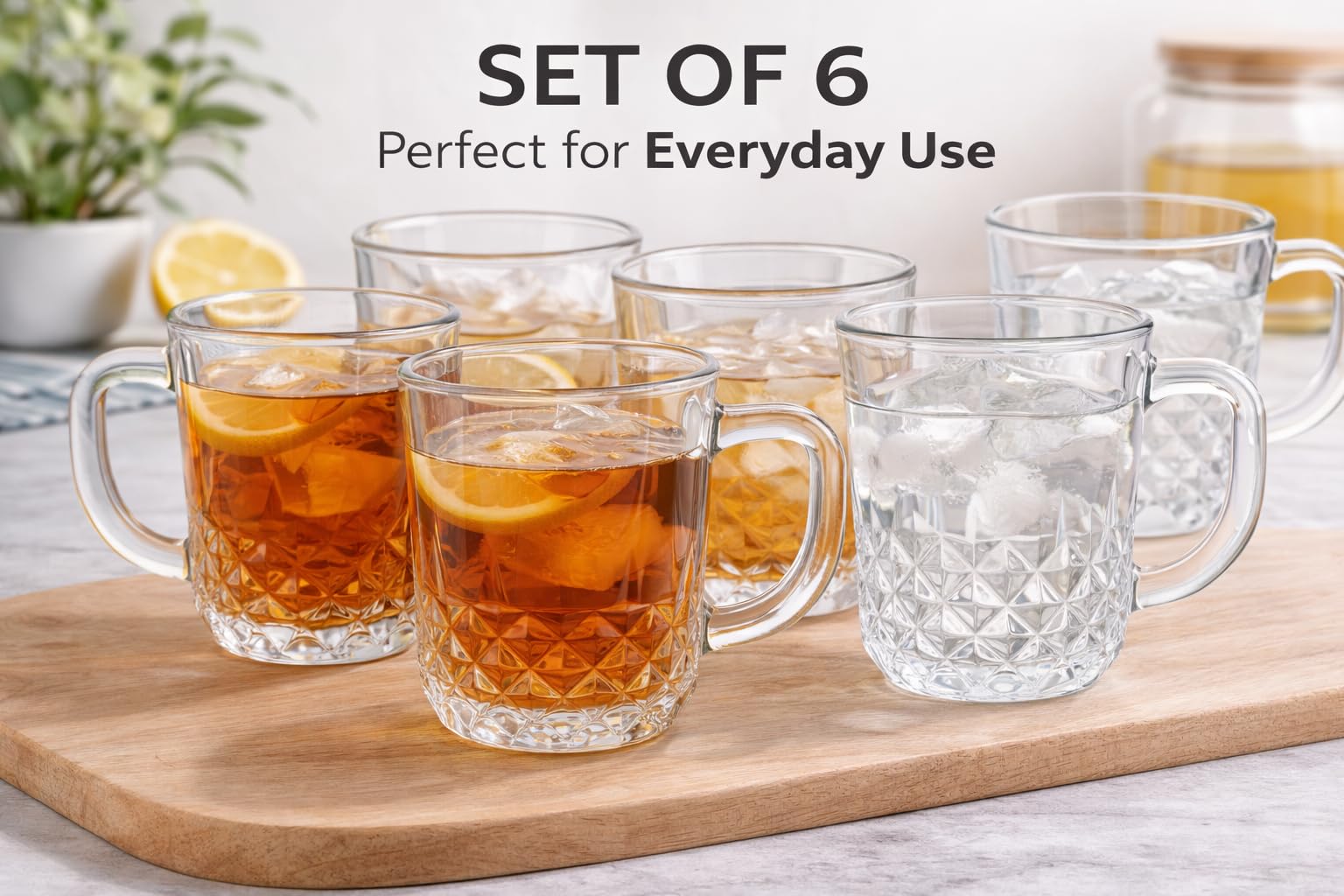 B Unique Clear Glass Mugs Set of 6, 7.5 oz Lead-Free Crystal Cut Drinking Glasses with Handle, Dishwasher Safe Everyday Glassware