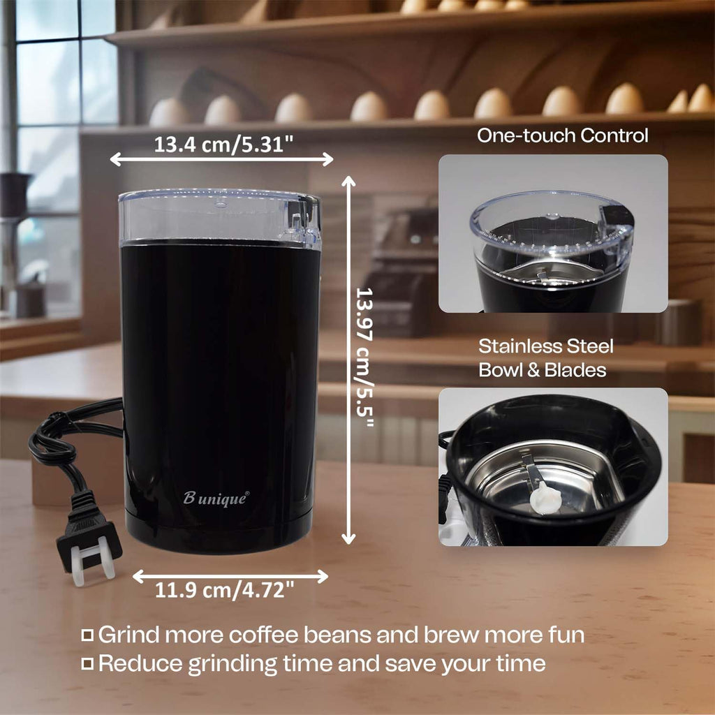 B Unique Electric Coffee & Spice Grinder, 300ml Stainless Steel Blades | Powerful Grinder for Beans, Herbs, Nuts & Seeds | Fast, Safe, Easy to Clean | Compact Kitchen Design