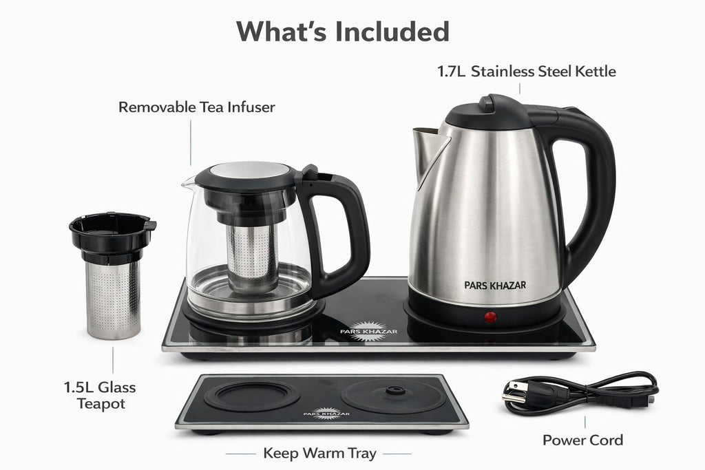 B Unique Pars Khazar Electric Tea Maker Set, 1.7L Stainless Steel Kettle and 1.5L Glass Teapot, Samovar Style Tea Maker with Keep Warm Tray, Removable Infuser, Cordless Base