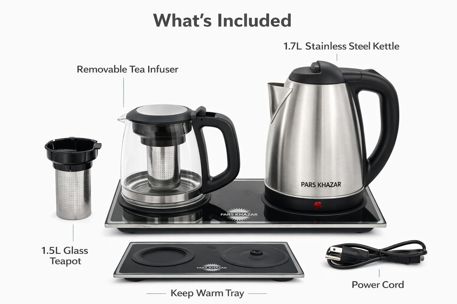 B Unique Pars Khazar Electric Tea Maker Set, 1.7L Stainless Steel Kettle and 1.5L Glass Teapot, Samovar Style Tea Maker with Keep Warm Tray, Removable Infuser, Cordless Base