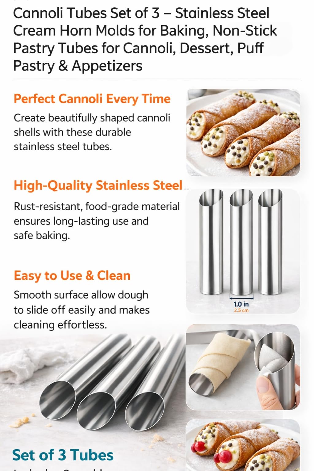 Cannoli Tubes Set of 3, Stainless Steel Cannoli Forms, Cream Horn Molds, Non-Stick Pastry Tubes for Baking Cannoli, Dessert, Puff Pastry & Appetizers
