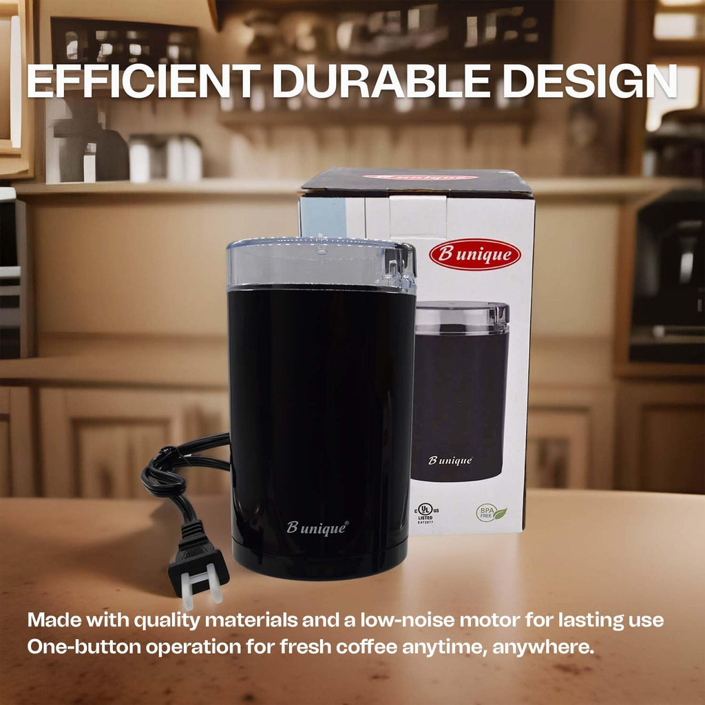 B Unique Electric Coffee & Spice Grinder, 300ml Stainless Steel Blades | Powerful Grinder for Beans, Herbs, Nuts & Seeds | Fast, Safe, Easy to Clean | Compact Kitchen Design
