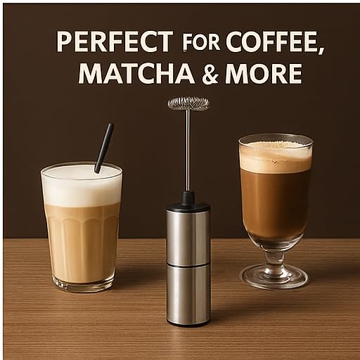 Premium Stainless Steel Electric Milk Frother | Battery Operated Foam Maker for Coffee, Latte, Matcha | Durable & Lightweight Handheld Frother for Creamy Foam | Ergonomic Design& Easy to Operate