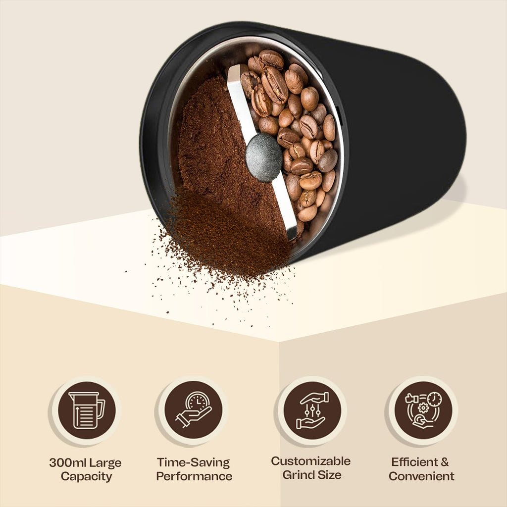 B Unique Electric Coffee & Spice Grinder, 300ml Stainless Steel Blades | Powerful Grinder for Beans, Herbs, Nuts & Seeds | Fast, Safe, Easy to Clean | Compact Kitchen Design