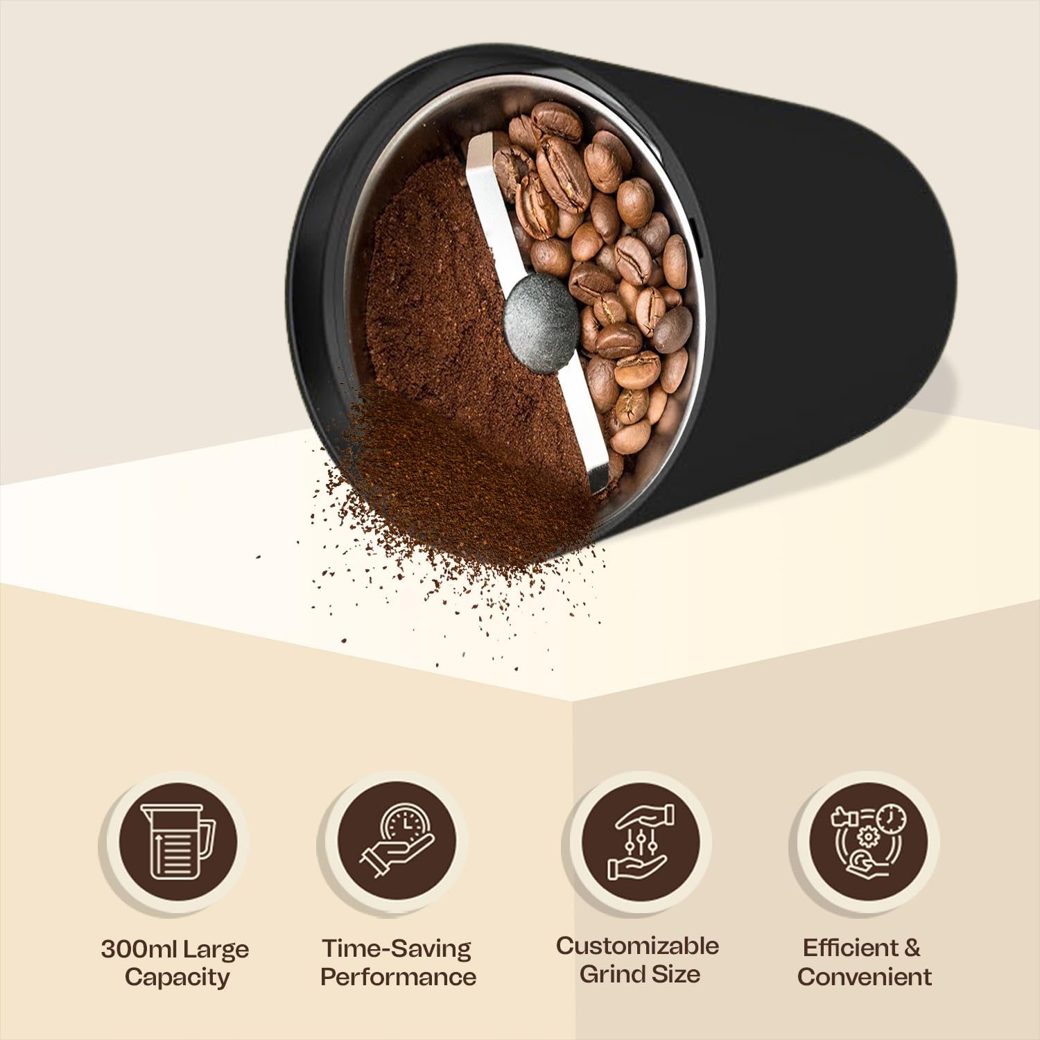 B Unique Electric Coffee & Spice Grinder, 300ml Stainless Steel Blades | Powerful Grinder for Beans, Herbs, Nuts & Seeds | Fast, Safe, Easy to Clean | Compact Kitchen Design