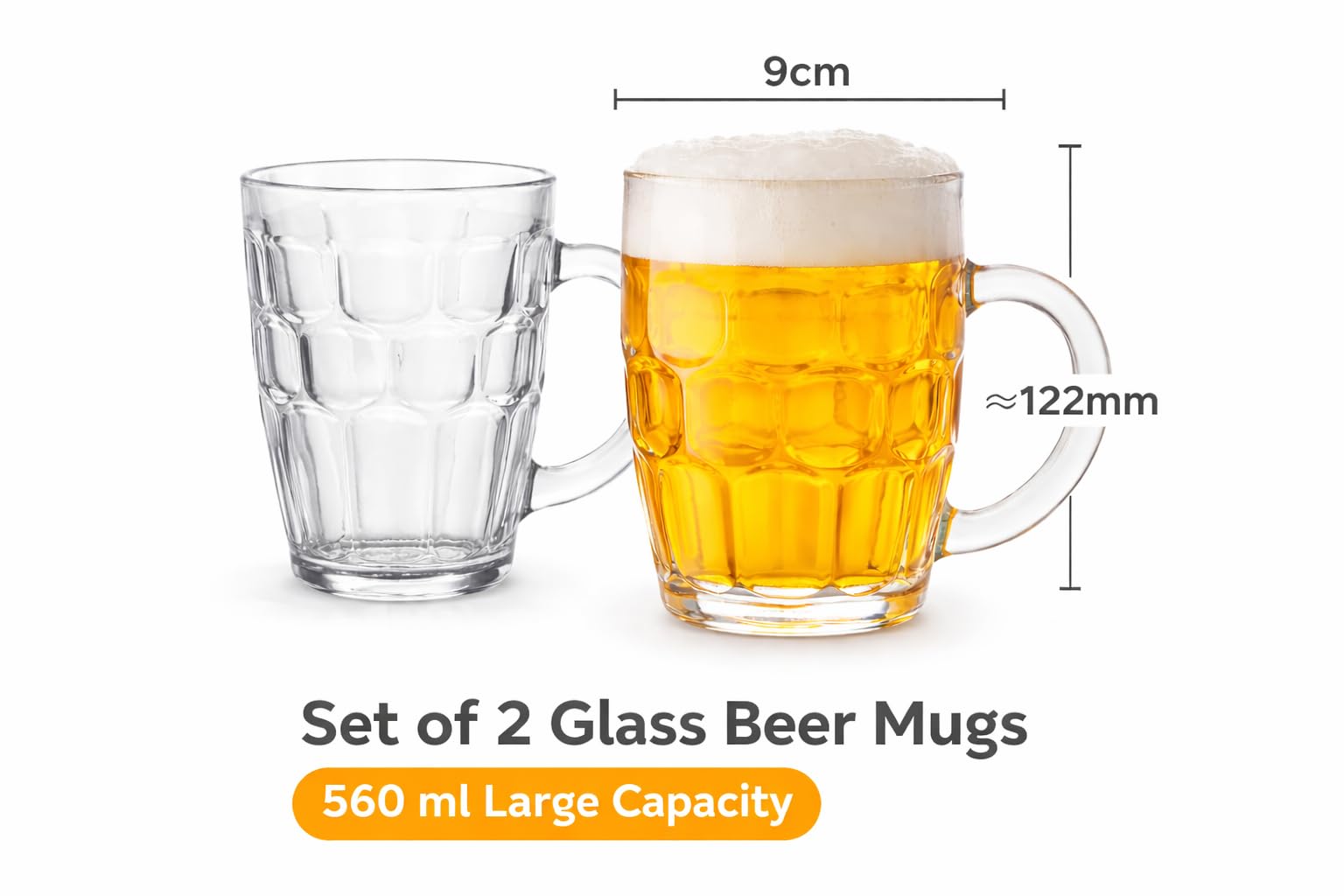 B Unique Dimpled Pint Beer Glass – 19 oz (560 ml) Lead-Free Large Beer Mug, Thick Glass with Handle, Classic German-Style Design, Set of 2