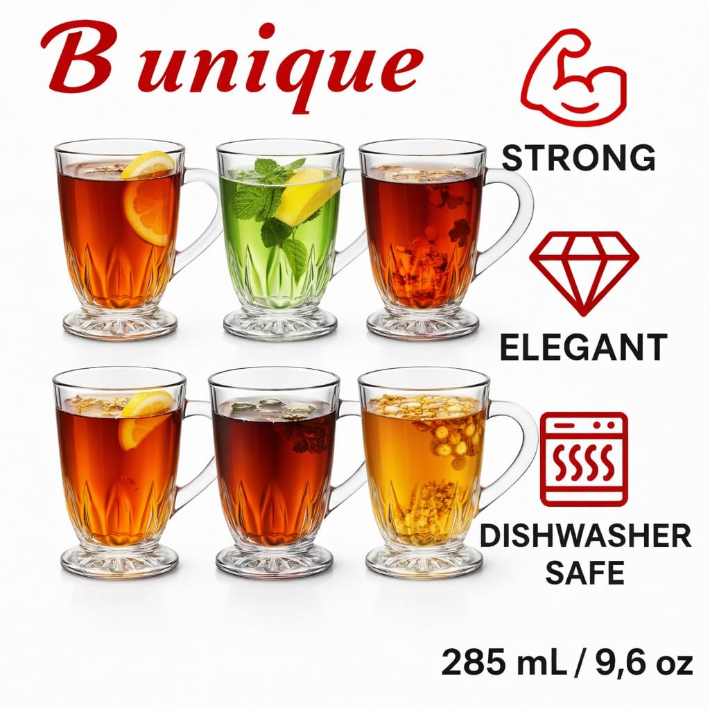 B Unique Clear Drinking Glasses Set of 6 | 285 mL Lead-Free Premium Glass Cups for Water, Juice, Tea & Cold Drinks | Durable, Modern Design, Dishwasher-Safe Drinkware Set