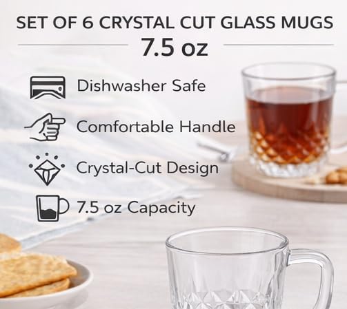 B Unique Clear Glass Mugs Set of 6, 7.5 oz Lead-Free Crystal Cut Drinking Glasses with Handle, Dishwasher Safe Everyday Glassware