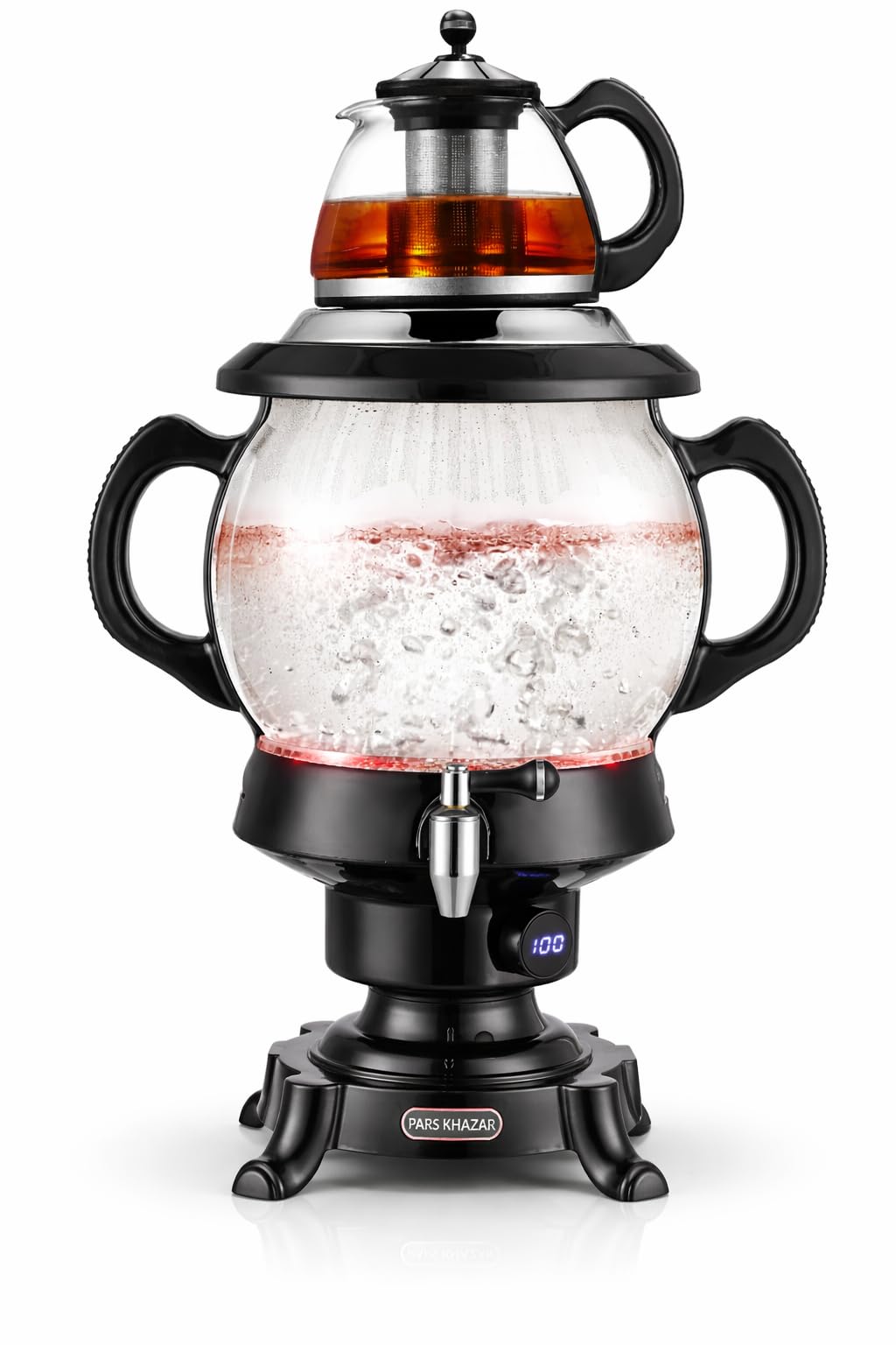 B Unique Pars Khazar Electric Samovar 4.5L with 1L Glass Teapot, Stainless Steel Infuser, Digital Temperature Display, LED Boil & Keep Warm Indicators, Borosilicate Hot Water Kettle
