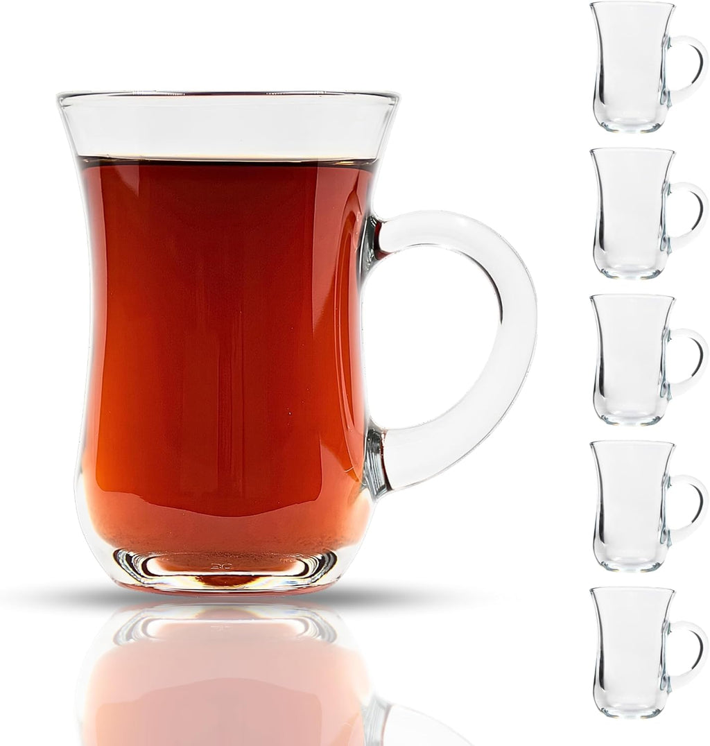 B Unique Glass Tea Cups – Set of 6 (5 oz / 150 ml) Turkish Tea Glasses with Handle, Heat-Resistant, Lead-Free, Dishwasher & Microwave Safe