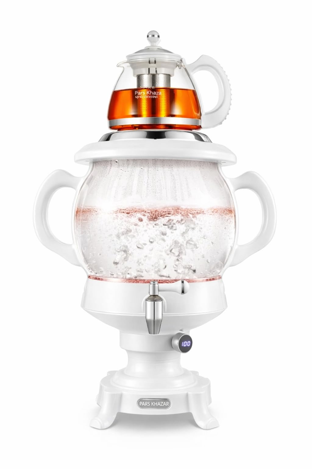 B Unique Pars Khazar Electric Samovar 4.5L with 1L Glass Teapot, Stainless Steel Infuser, Digital Temperature Display, LED Boil & Keep Warm Indicators, Borosilicate Hot Water Kettle