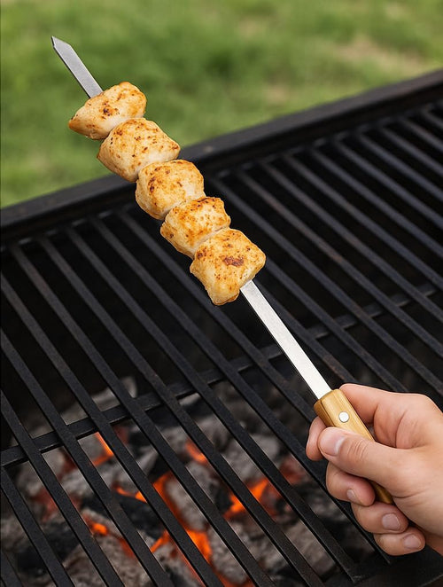 B Unique 23" x 0.5" mm Barbecue Stainless Steel Chicken Skewers Set with Wooden Handle | BBQ Kabob Skewers for Grill, Kebab & Fruit Stick | Great for Grilling, Camping, and BBQ Parties. Set of 6