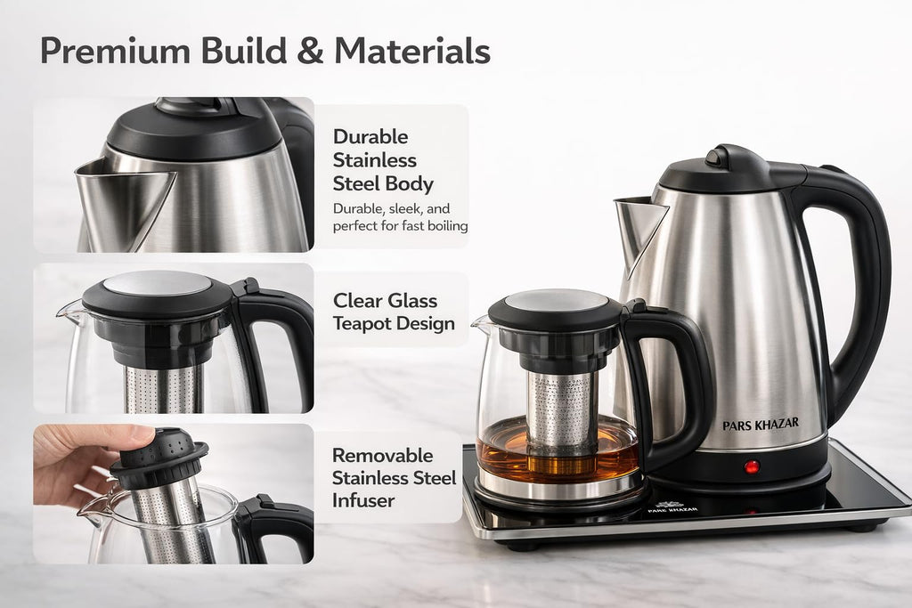 B Unique Pars Khazar Electric Tea Maker Set, 1.7L Stainless Steel Kettle and 1.5L Glass Teapot, Samovar Style Tea Maker with Keep Warm Tray, Removable Infuser, Cordless Base