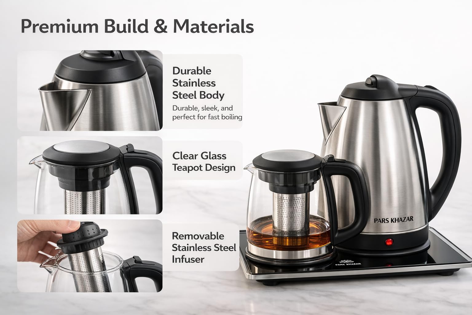 B Unique Pars Khazar Electric Tea Maker Set, 1.7L Stainless Steel Kettle and 1.5L Glass Teapot, Samovar Style Tea Maker with Keep Warm Tray, Removable Infuser, Cordless Base