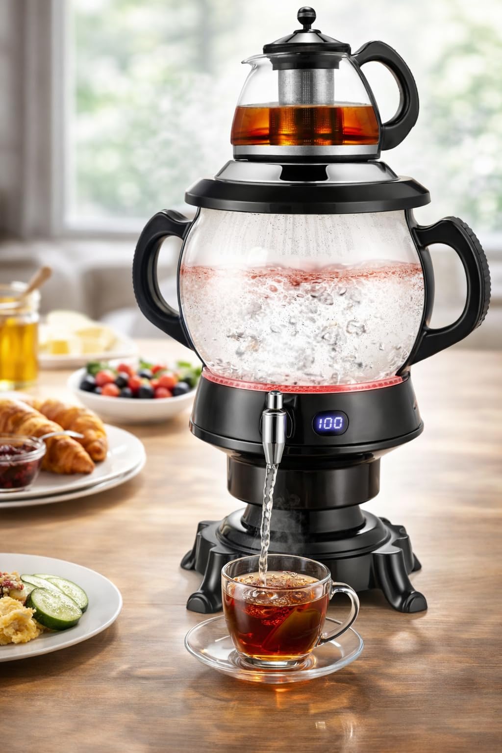 B Unique Pars Khazar Electric Samovar 4.5L with 1L Glass Teapot, Stainless Steel Infuser, Digital Temperature Display, LED Boil & Keep Warm Indicators, Borosilicate Hot Water Kettle
