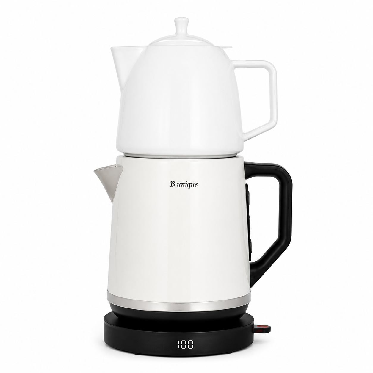 B Unique Electric Samovar, 1.8L Stainless Steel Kettle with Porcelain Teapot, Keep Warm, Removable Filter, Cordless Base, Digital Display
