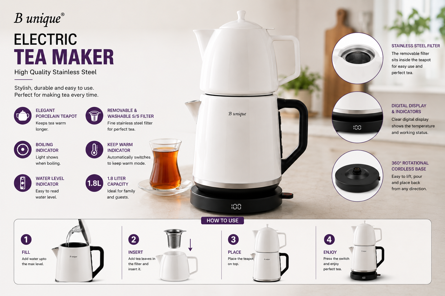 B Unique Electric Samovar, 1.8L Stainless Steel Kettle with Porcelain Teapot, Keep Warm, Removable Filter, Cordless Base, Digital Display