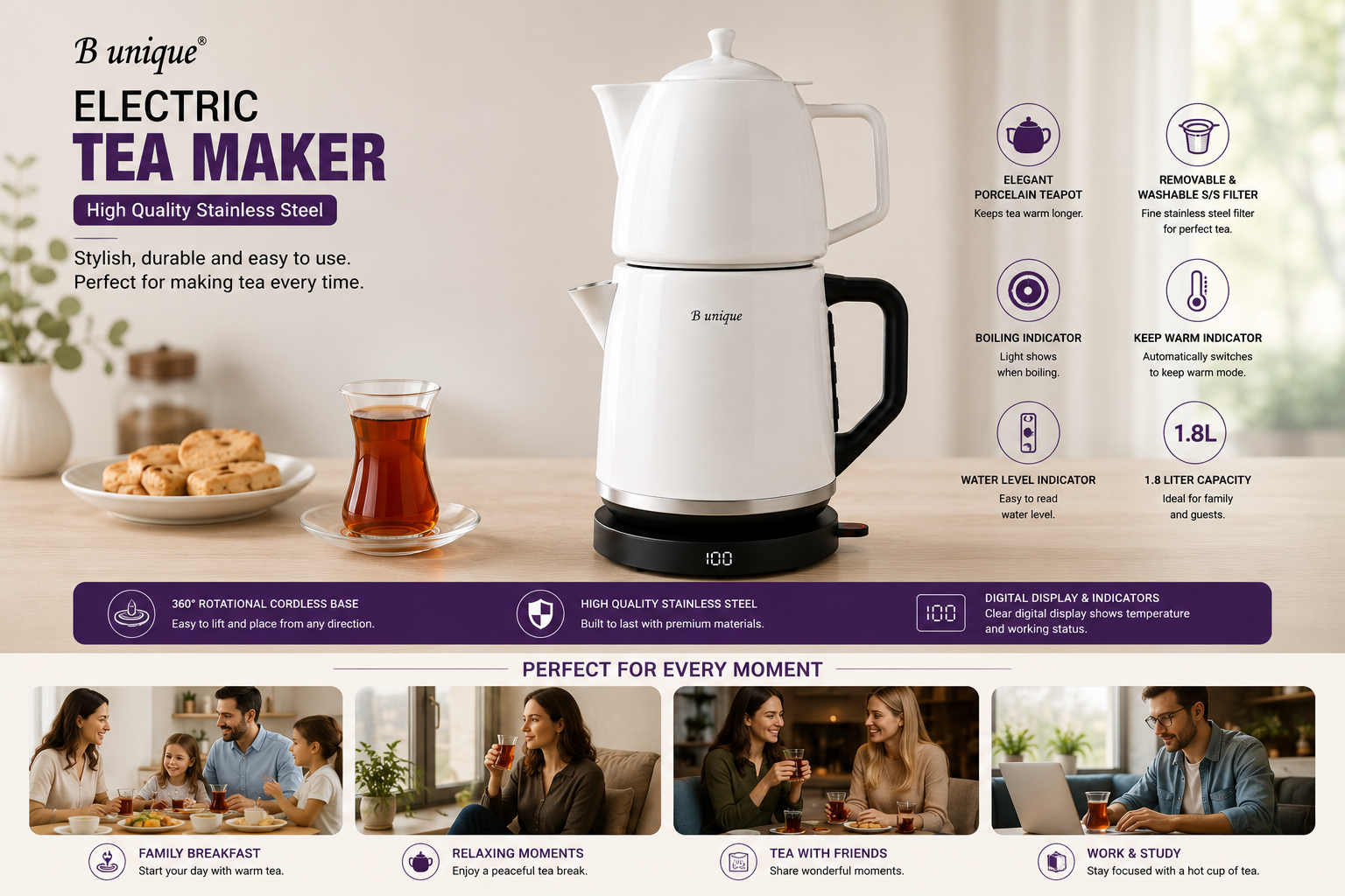 B Unique Electric Samovar, 1.8L Stainless Steel Kettle with Porcelain Teapot, Keep Warm, Removable Filter, Cordless Base, Digital Display