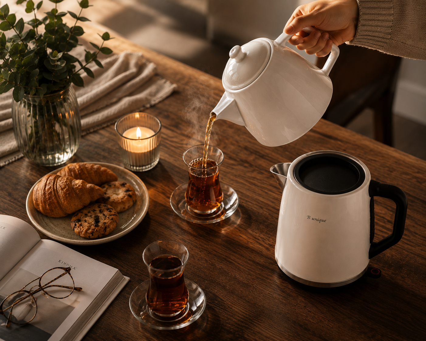 B Unique Electric Samovar, 1.8L Stainless Steel Kettle with Porcelain Teapot, Keep Warm, Removable Filter, Cordless Base, Digital Display