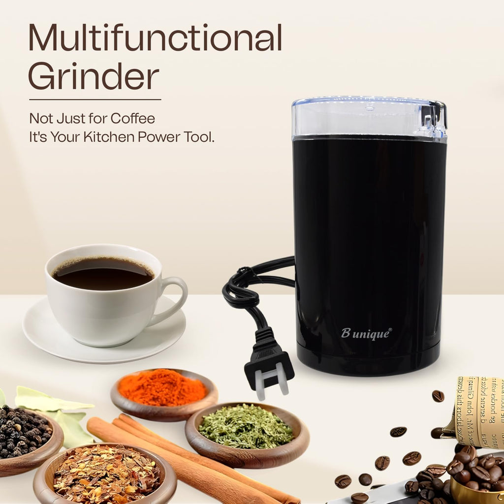 B Unique Electric Coffee & Spice Grinder, 300ml Stainless Steel Blades | Powerful Grinder for Beans, Herbs, Nuts & Seeds | Fast, Safe, Easy to Clean | Compact Kitchen Design