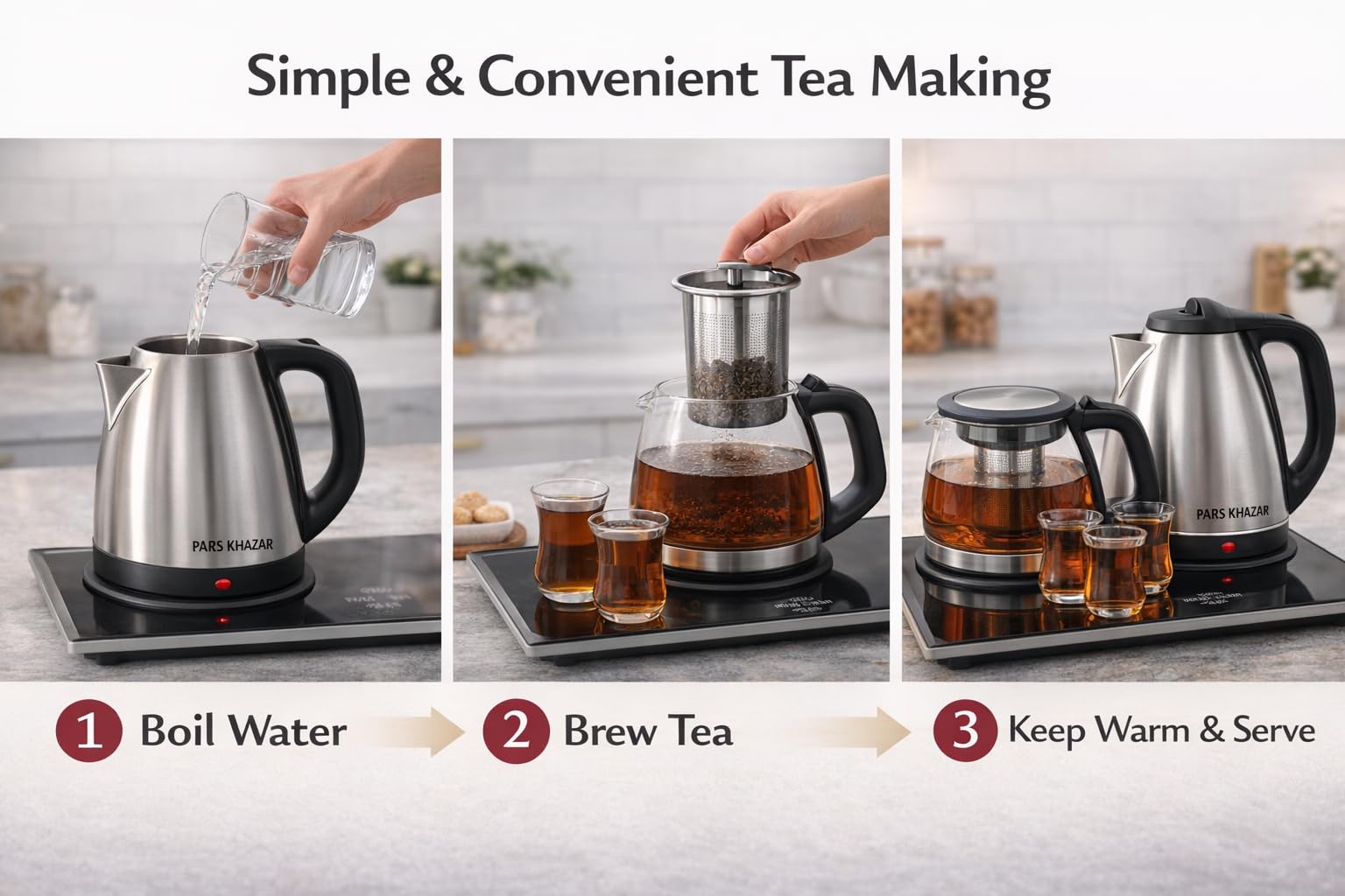 B Unique Pars Khazar Electric Tea Maker Set, 1.7L Stainless Steel Kettle and 1.5L Glass Teapot, Samovar Style Tea Maker with Keep Warm Tray, Removable Infuser, Cordless Base