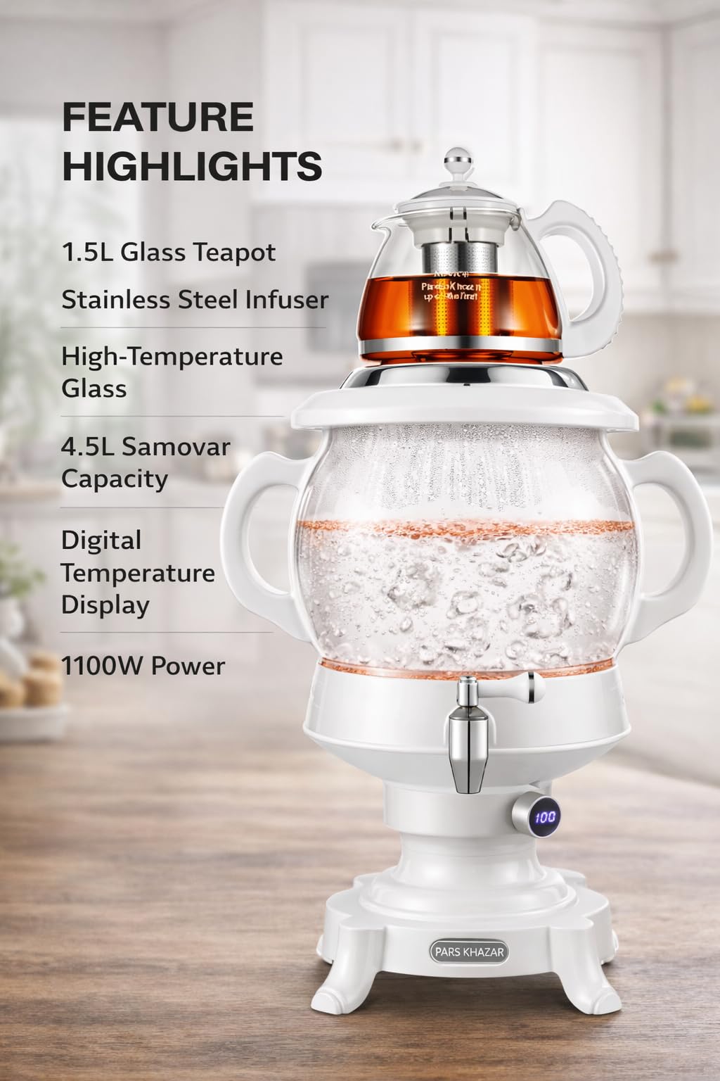 B Unique Pars Khazar Electric Samovar 4.5L with 1L Glass Teapot, Stainless Steel Infuser, Digital Temperature Display, LED Boil & Keep Warm Indicators, Borosilicate Hot Water Kettle