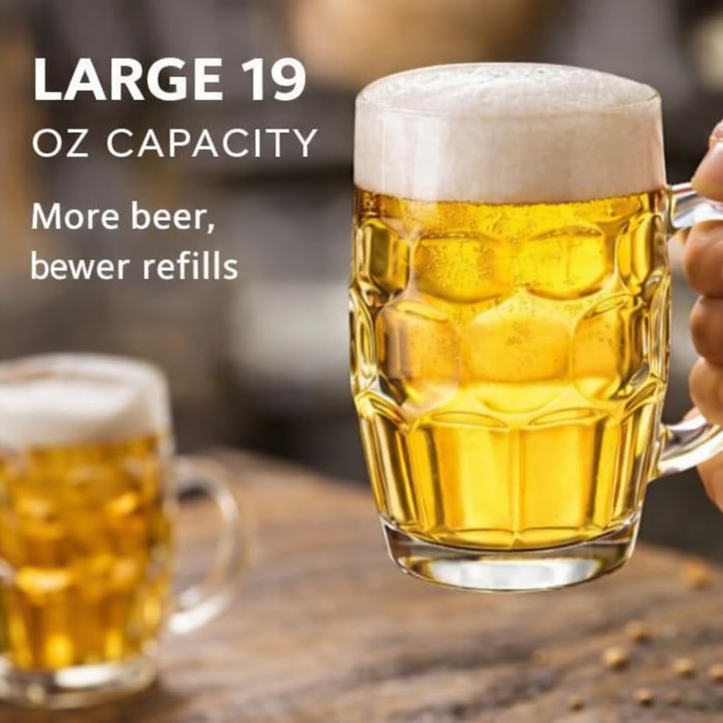 B Unique Dimpled Pint Beer Glass – 19 oz (560 ml) Lead-Free Large Beer Mug, Thick Glass with Handle, Classic German-Style Design, Set of 2