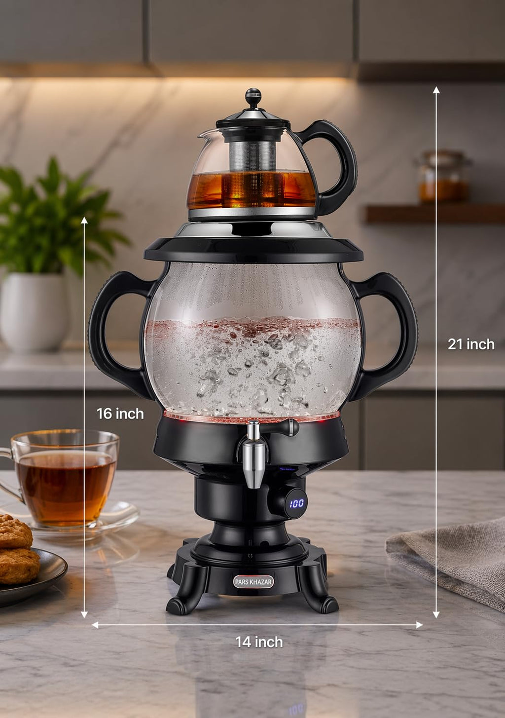 B Unique Pars Khazar Electric Samovar 4.5L with 1L Glass Teapot, Stainless Steel Infuser, Digital Temperature Display, LED Boil & Keep Warm Indicators, Borosilicate Hot Water Kettle