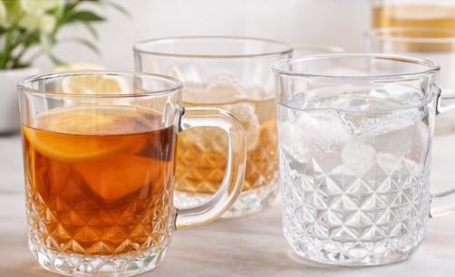 B Unique Clear Glass Mugs Set of 6, 7.5 oz Lead-Free Crystal Cut Drinking Glasses with Handle, Dishwasher Safe Everyday Glassware