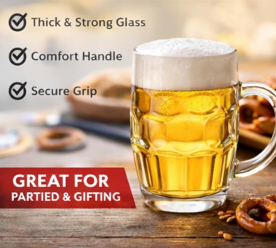 B Unique Dimpled Pint Beer Glass – 19 oz (560 ml) Lead-Free Large Beer Mug, Thick Glass with Handle, Classic German-Style Design, Set of 2