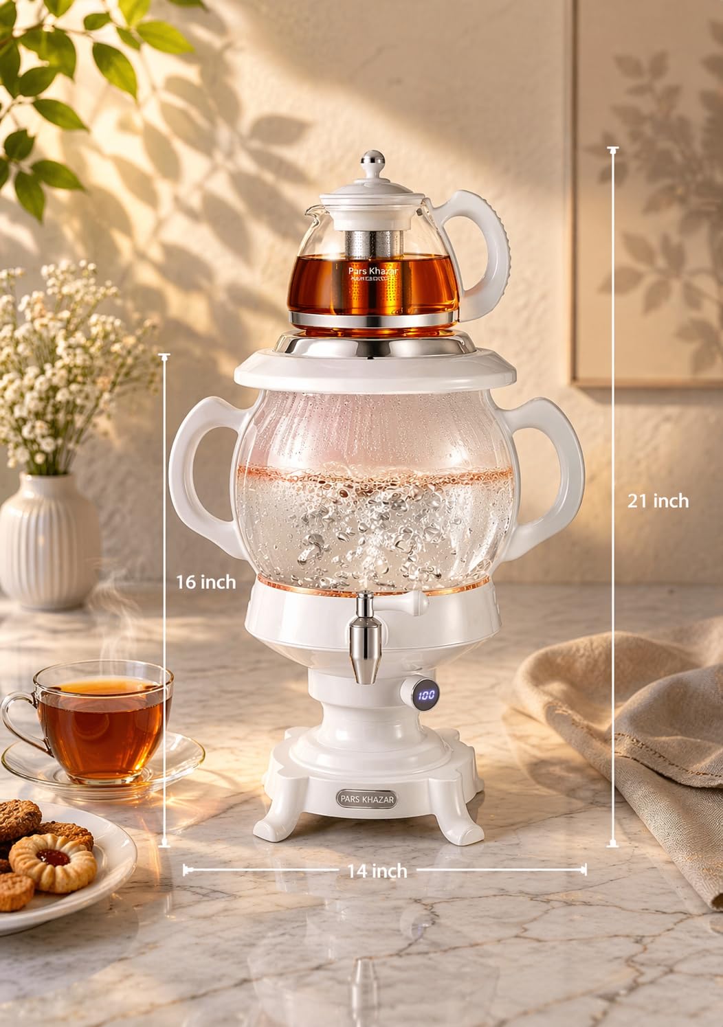 B Unique Pars Khazar Electric Samovar 4.5L with 1L Glass Teapot, Stainless Steel Infuser, Digital Temperature Display, LED Boil & Keep Warm Indicators, Borosilicate Hot Water Kettle