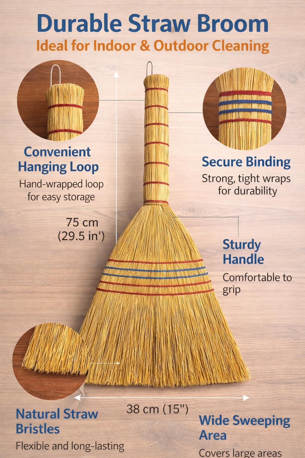 B Unique Lightweight Corn Broom – 75cm Natural Straw Broom with Reinforced Handle – Heavy-Duty Indoor/Outdoor Sweeping for Home, Garage, Patio, Hardwood Floors & Tight Corners