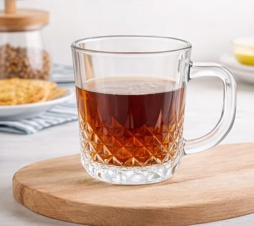 B Unique Clear Glass Mugs Set of 6, 7.5 oz Lead-Free Crystal Cut Drinking Glasses with Handle, Dishwasher Safe Everyday Glassware