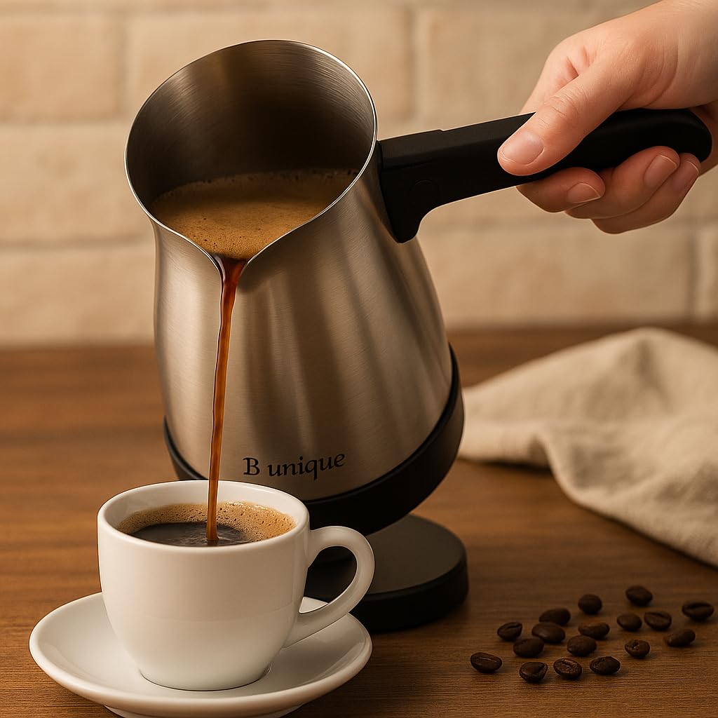 B Unique Electric Coffee Maker 300ml Stainless Steel Turkish Coffee Pot, Milk Heater, Rapid Heating, Boil-Dry Protection, Foldable Handle